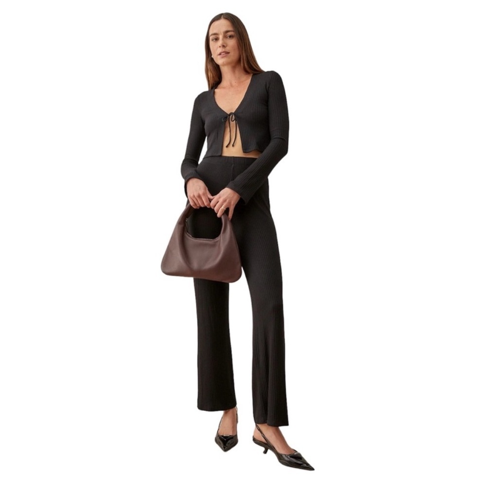 Black Ribbed Tie-Front Top and Pants Set